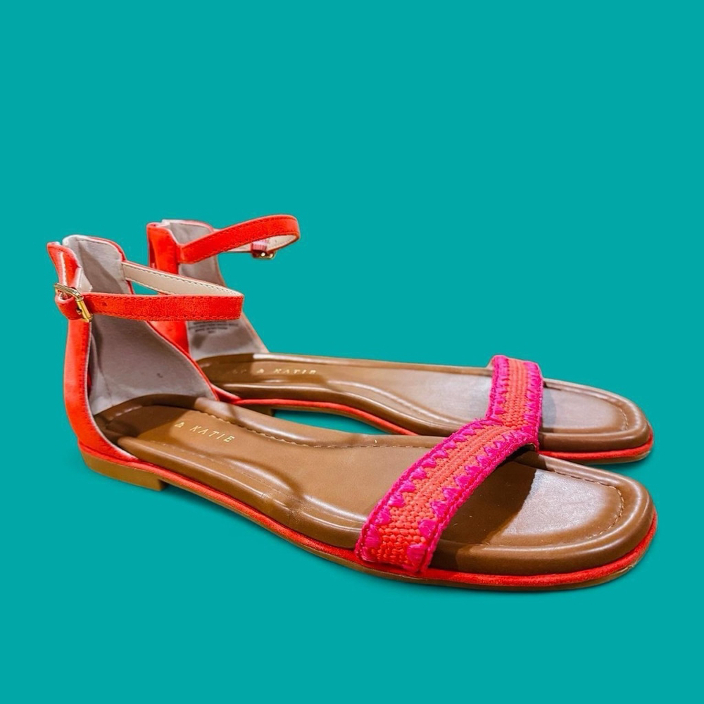 Kelly & Katie NYMIE Orange Pink Ankle Strap Sandals Flat Woven Strap 9.5 Boho